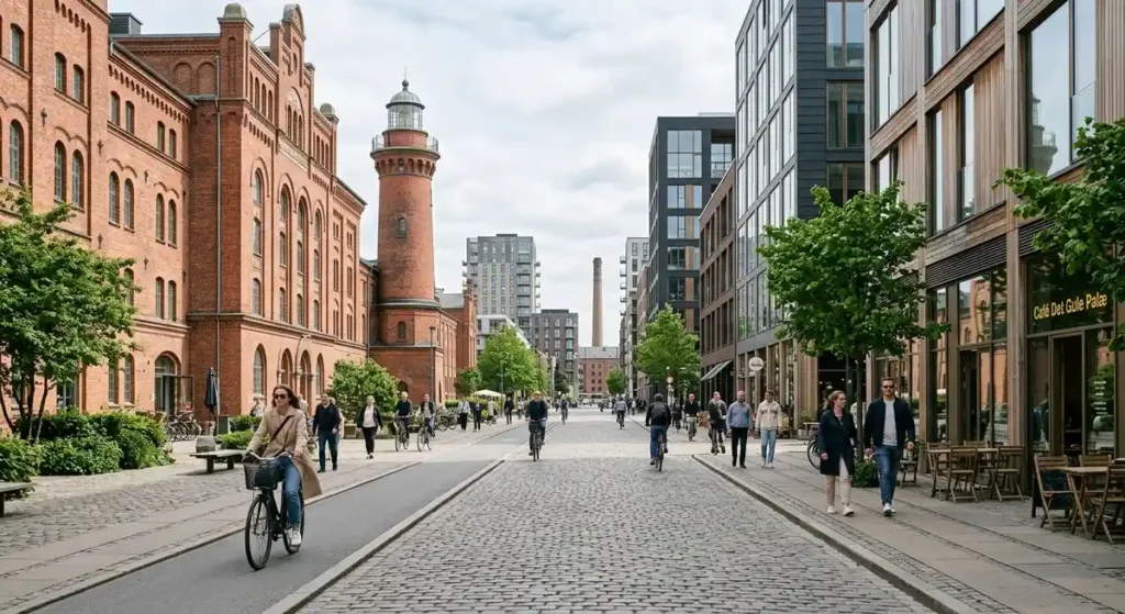 Moderne skandinavisk arkitektur og gadeliv i Carlsberg Byen, postnummer 1799 København V.